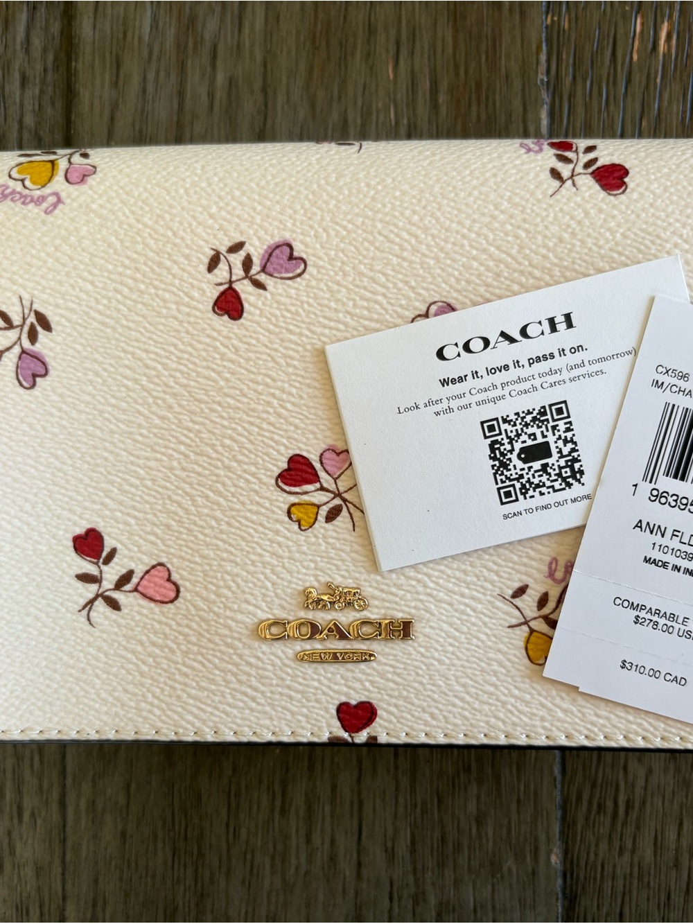 Coach Cream Floral Heart Print Wallet with Red, Pink & Yellow Accents